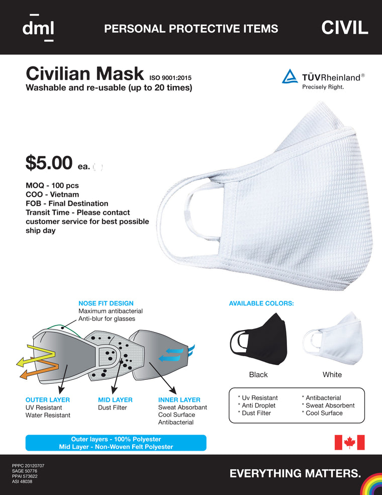 DML Civilian cloth mask with filter $4.50 each ( minimum 100)